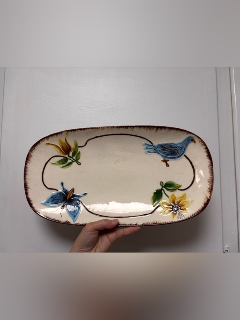 Vintage hand painted TAG. 1952 Footed Pin Tray Bowl Dish Floral Bird Butterfly